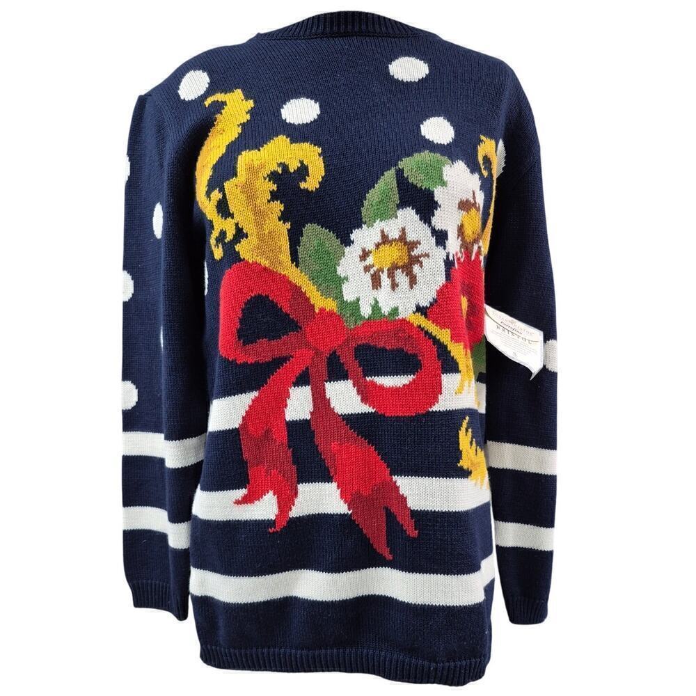 VTG NOS 1992 90s Susan Bristol Blue Sweater Floral Bouquet Sz S  Cottage Ugly